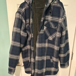 Men's Navy Plaid Sherpa-Lined Hooded Shirt Jacket